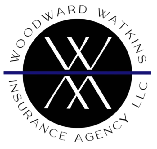 Woodward Watkins Insurance, LLC circular logo with black background, blue stripe through the middle, and white and black lettering